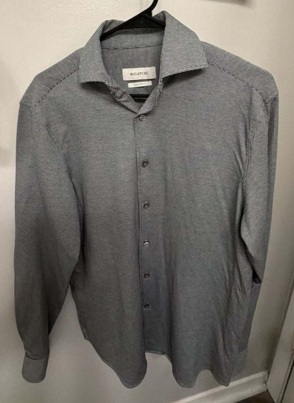 Bugatchi OoohCotton Men M Black Houndstooth Shirt 8-Way Stretch Long Sleeve